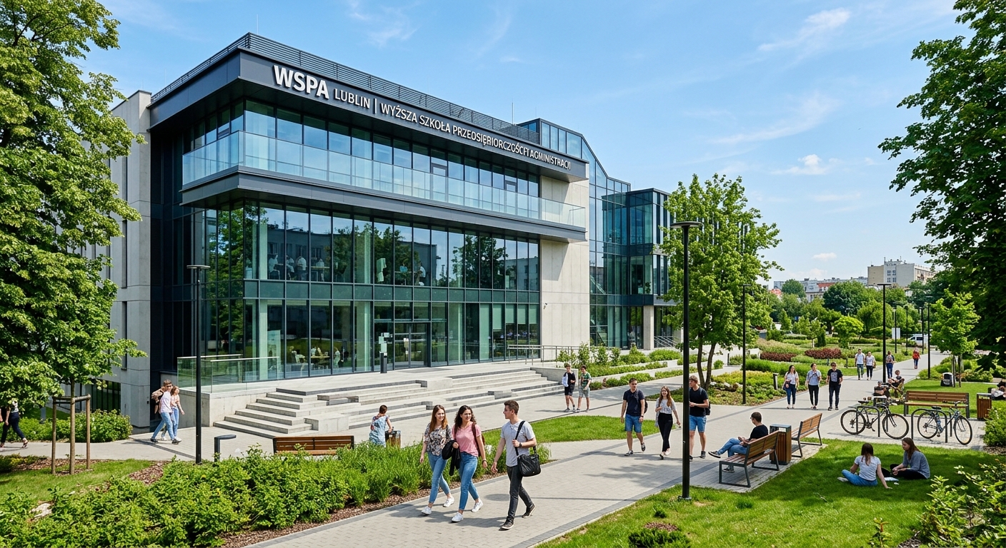 Modern university building of WSPA in Lublin Poland, contemporary architecture with large glass windows, green campus area, students walking on pathways, clear blue sky