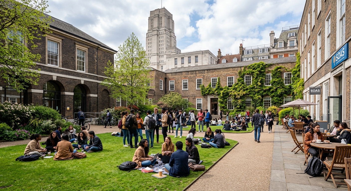SOAS campus courtyard with students socialising, green lawn area, historic buildings in background, café seating visible, Bloomsbury London setting