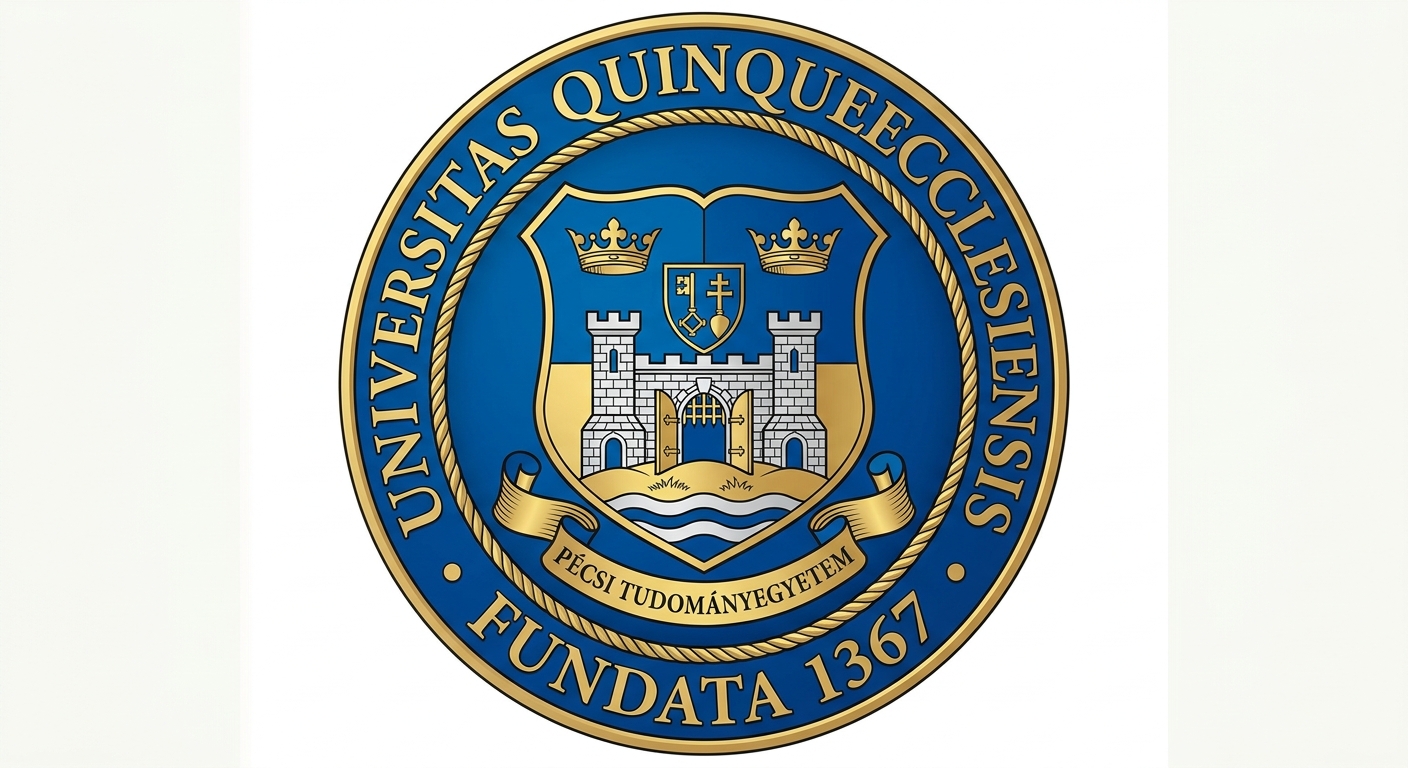 University of Pécs official logo, blue and gold crest with Latin text Universitas Quinqueecclesiensis, founded 1367 emblem