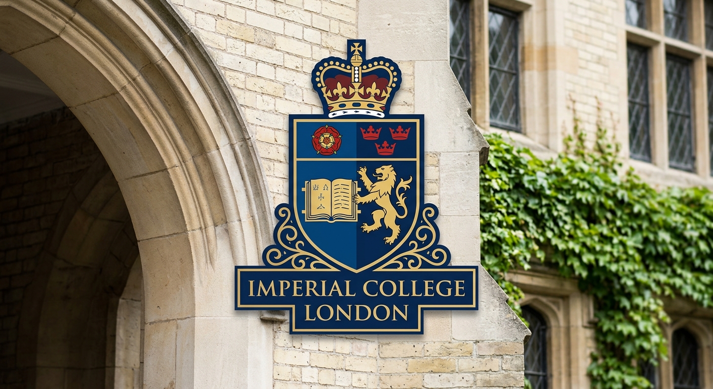 Imperial College London official logo, blue shield crest with royal crown, lion and book motif, university name in serif typeface