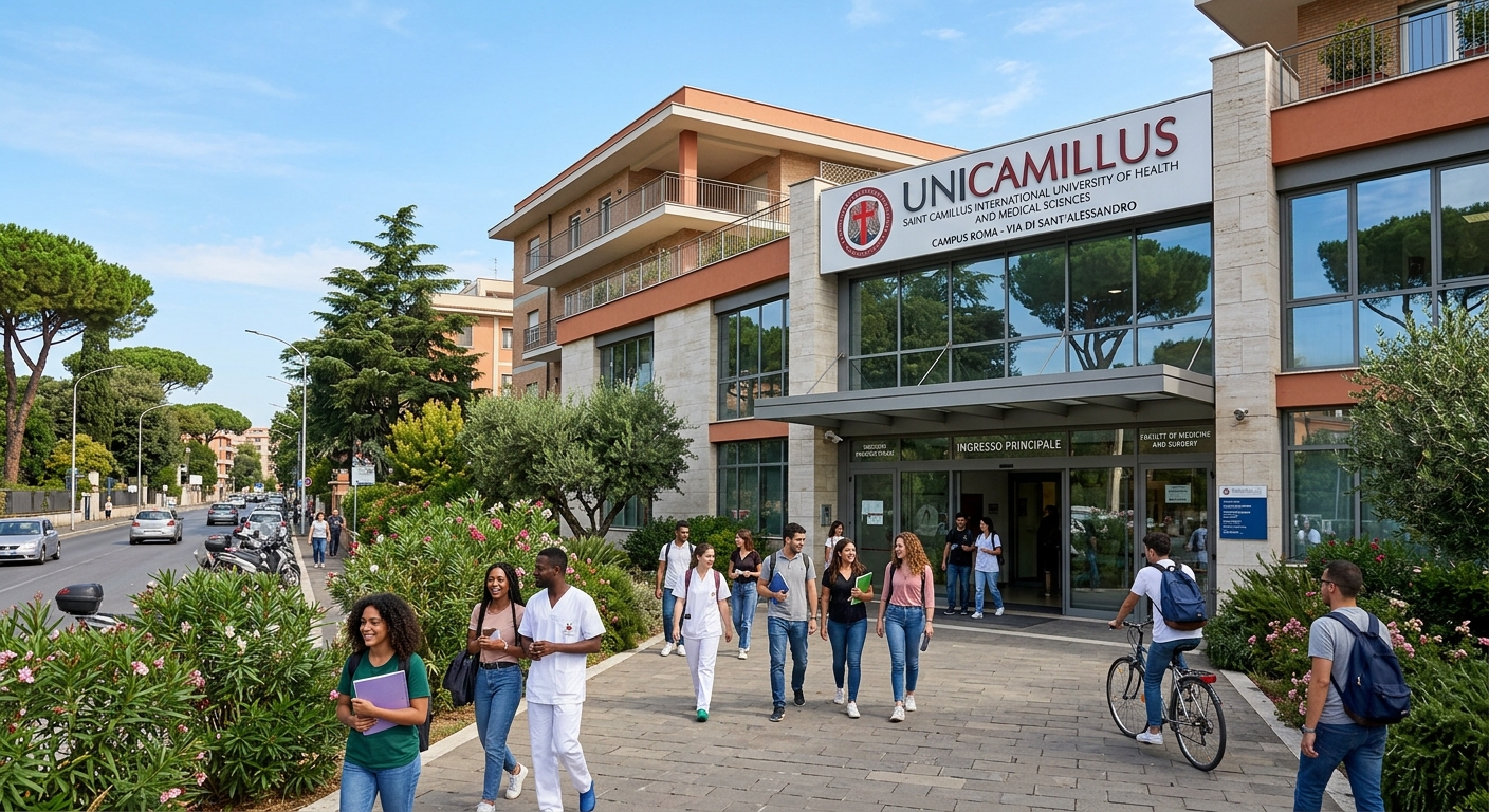UniCamillus university campus building in Rome, modern Mediterranean architecture, Via di Sant'Alessandro, green trees and Italian blue sky, medical university entrance with students walking