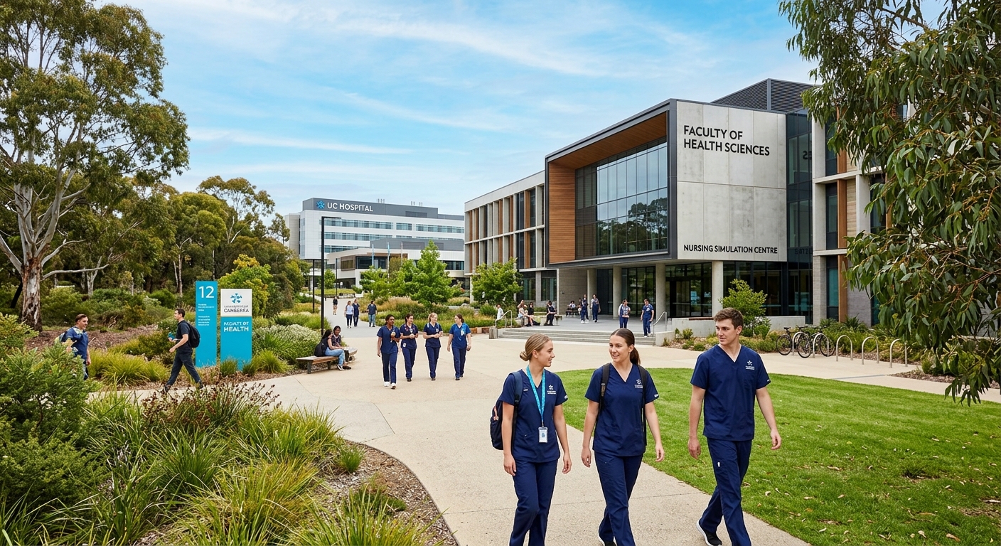 University of Canberra campus with modern health sciences building and nursing simulation centre, students in clinical scrubs walking near the UC Hospital, lush green Australian landscape with clear blue sky