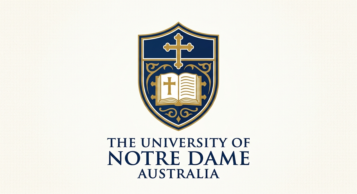 University of Notre Dame Australia official logo featuring a shield crest with cross and book motif, navy blue and gold color scheme, text reading The University of Notre Dame Australia