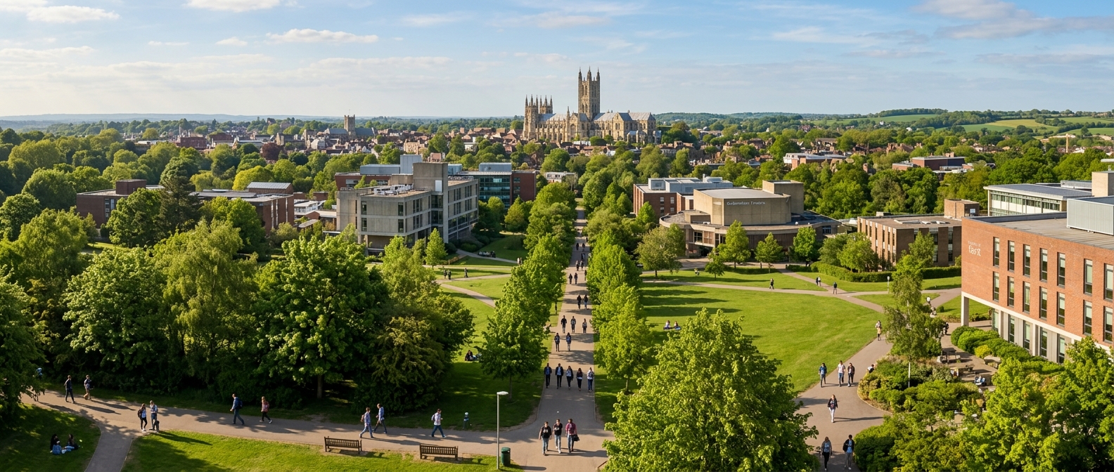 University of Kent Canterbury campus panoramic view with green parkland, historic cathedral visible in background, modern academic buildings, students walking along tree-lined paths on a sunny day