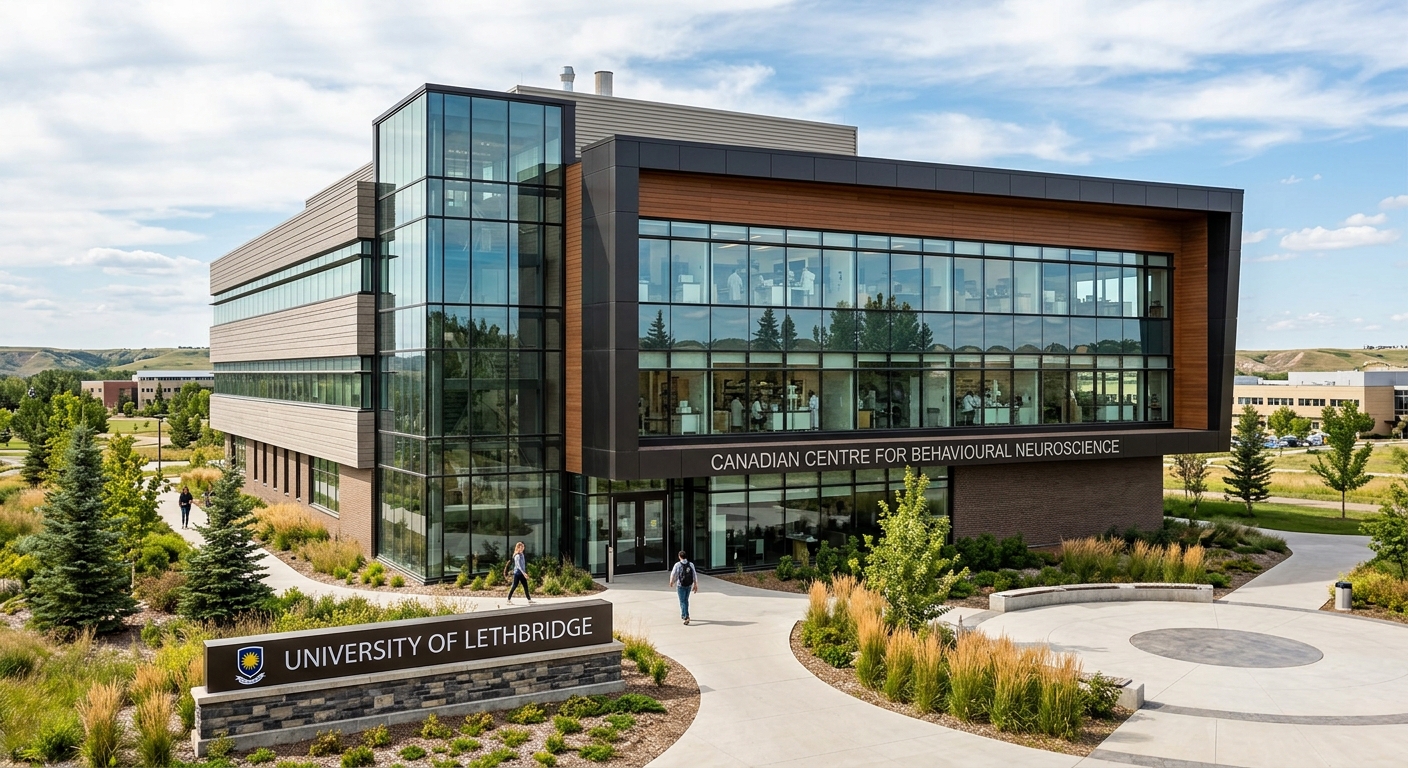 Canadian Centre for Behavioural Neuroscience at the University of Lethbridge, a modern research building with laboratory windows and university signage