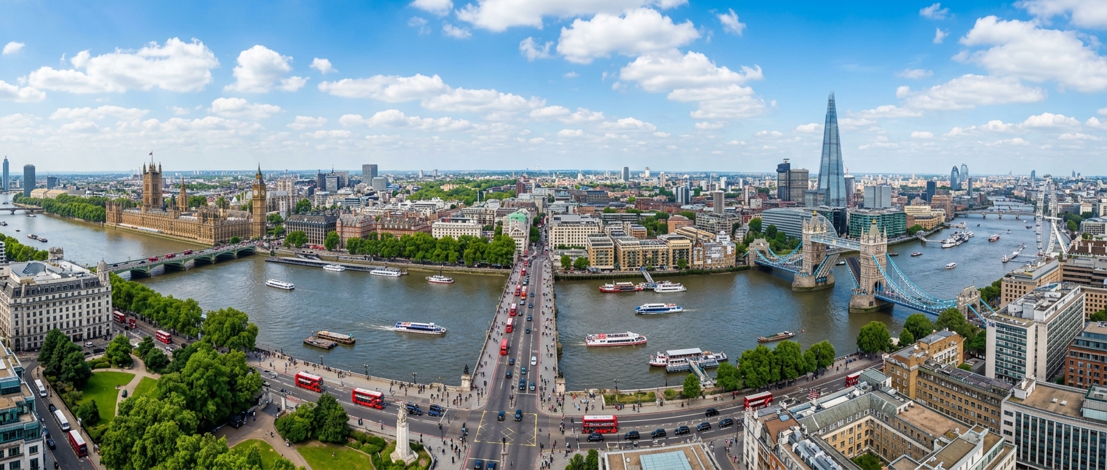 London skyline panorama, River Thames with Tower Bridge and the Shard, Houses of Parliament, green parks, bustling streets, blue sky with scattered clouds