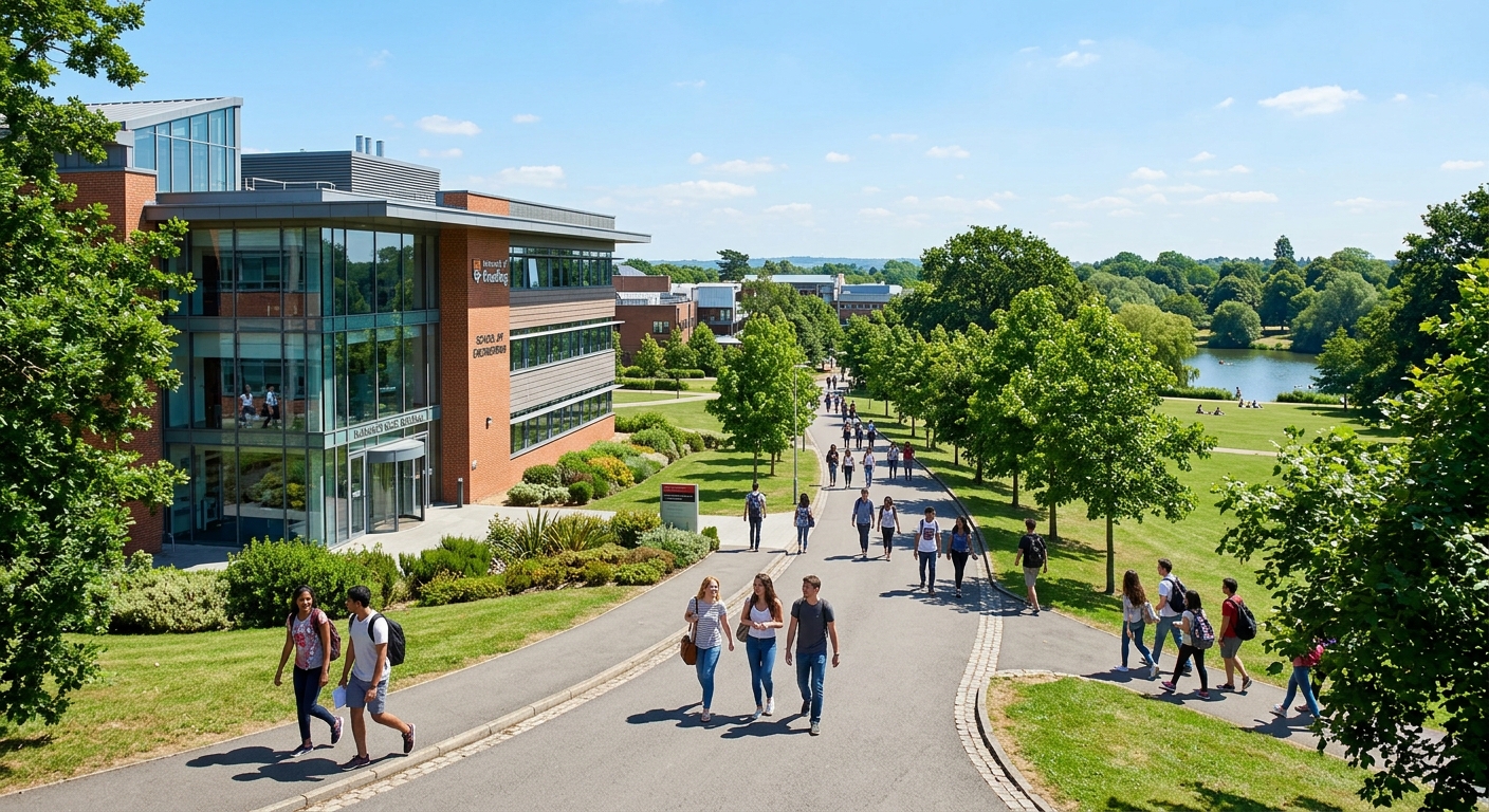 University of Reading Whiteknights campus with modern engineering building, green parkland, students walking along tree-lined paths, clear sky over Reading UK