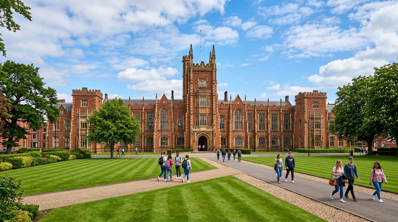 Queen's University Belfast Lanyon Building wide shot, Gothic Tudor red brick architecture with central tower, green manicured lawns in foreground, blue sky with scattered clouds, students walking along pathways