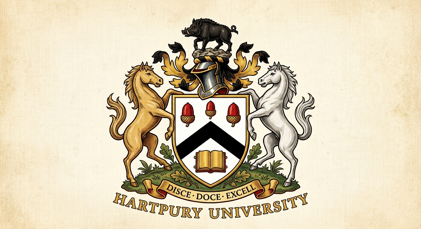 Hartpury University coat of arms logo featuring a shield with three red acorns, a black chevron with gold book, flanked by two horses, and a black boar crest on top