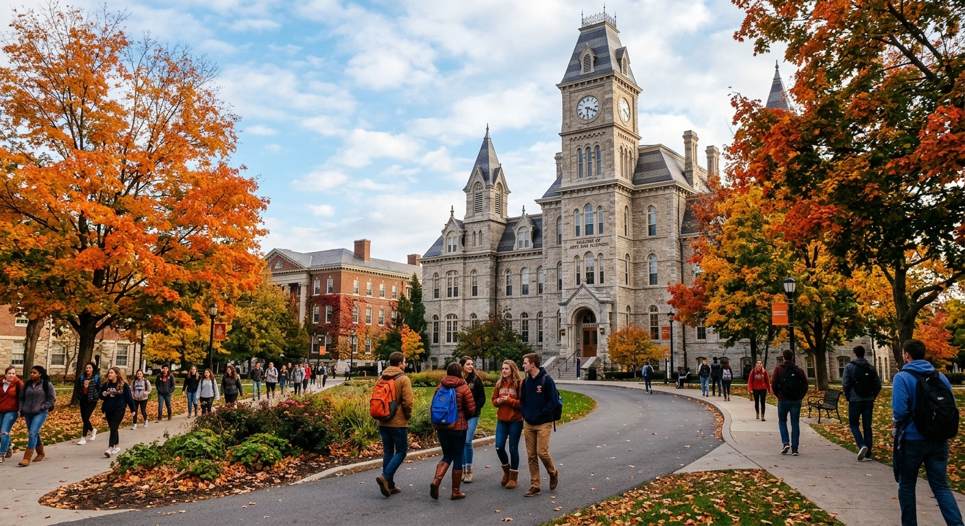 Syracuse University campus in autumn with orange-leafed trees, historic stone buildings, and students walking along pathways near the College of Arts and Sciences