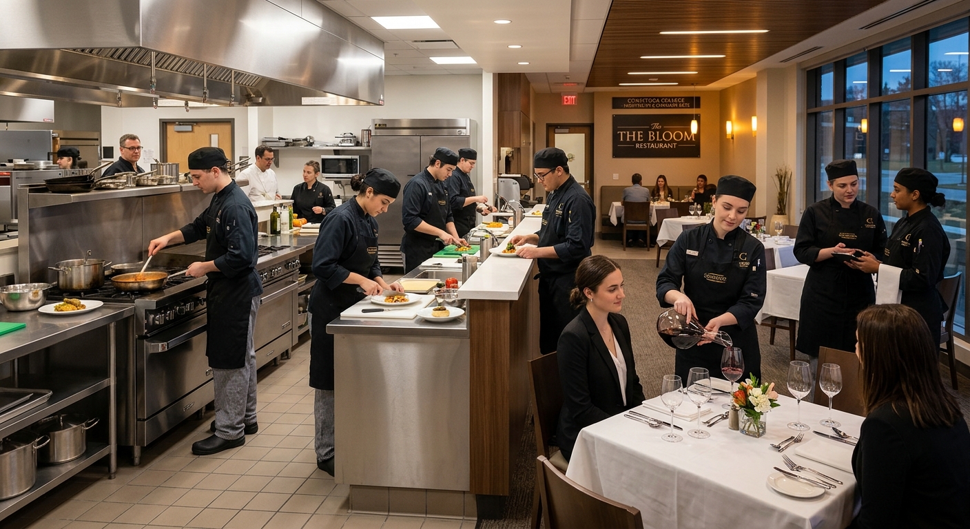 Modern hospitality training kitchen at Conestoga College Waterloo campus, students in chef uniforms practicing food preparation and beverage service, professional restaurant-style dining setup with warm lighting