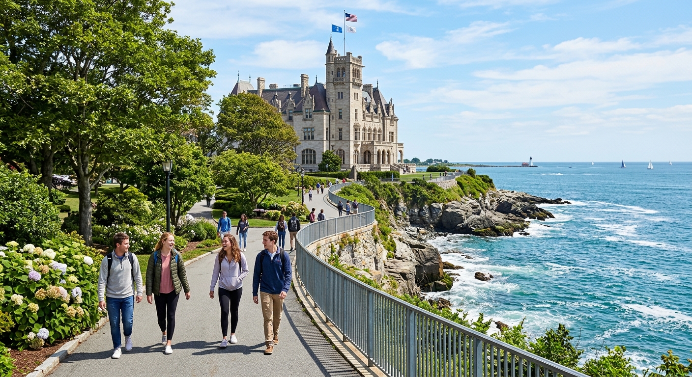 Historic Salve Regina University campus with grand Gilded Age mansion buildings overlooking the Atlantic Ocean on the Cliff Walk in Newport Rhode Island, students walking along tree-lined paths on a sunny day