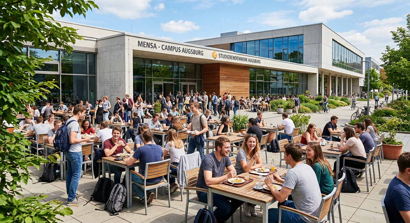 University of Augsburg student cafeteria and Mensa building exterior with students socializing on outdoor terrace, sunny day