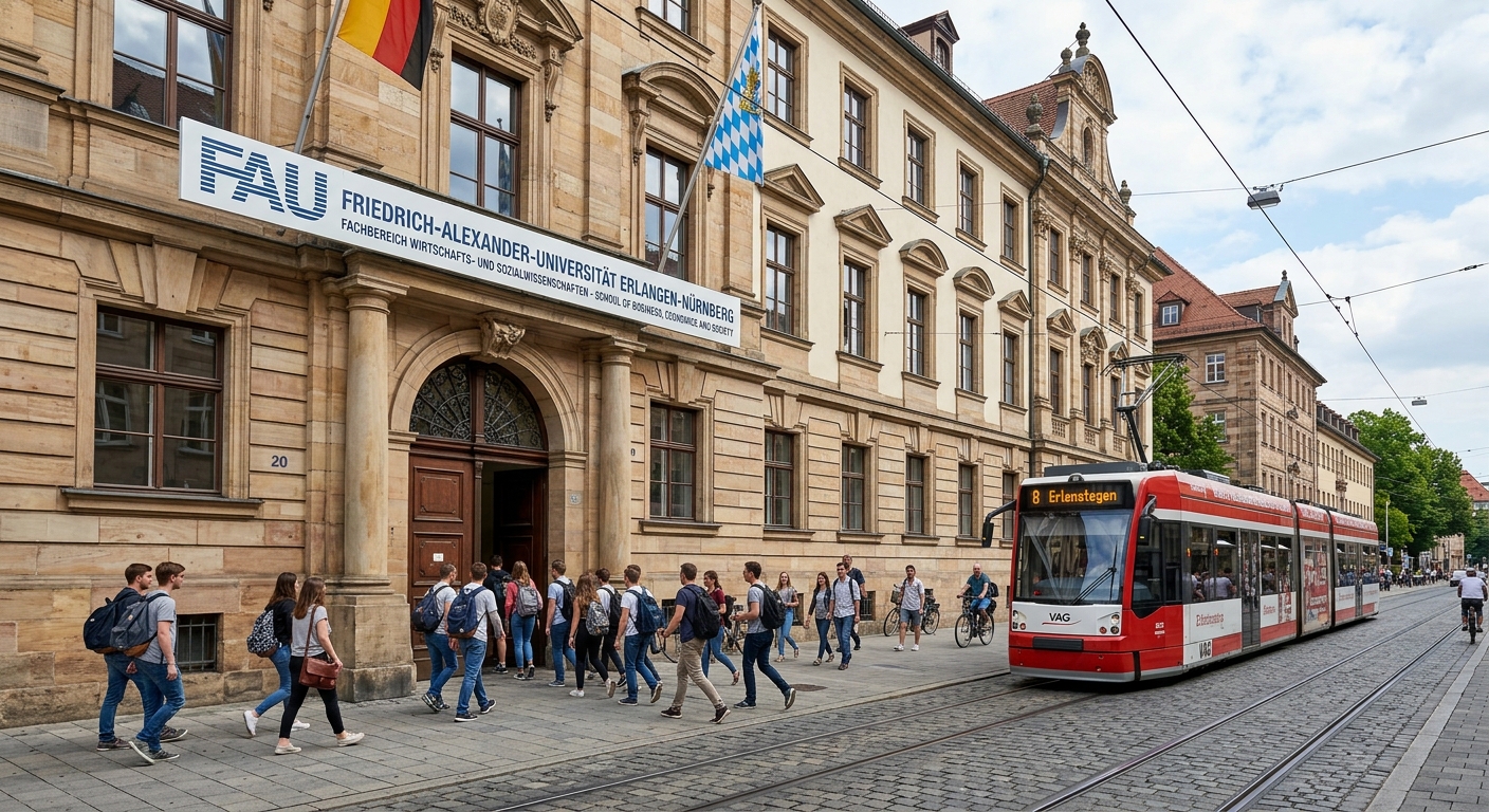 FAU Nuremberg campus Lange Gasse historic building facade, urban setting, tram passing by, students entering the School of Business