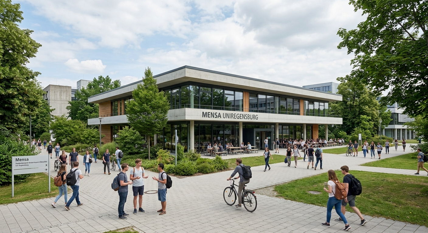 University of Regensburg campus Mensa cafeteria building exterior, modern flat-roofed architecture, students walking on paved paths surrounded by green trees and lawns