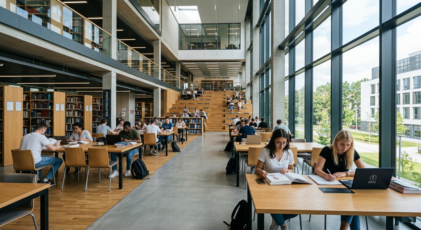 Medical University of Gdansk modern research library interior, open study spaces, students reading, large windows with natural light, contemporary architecture