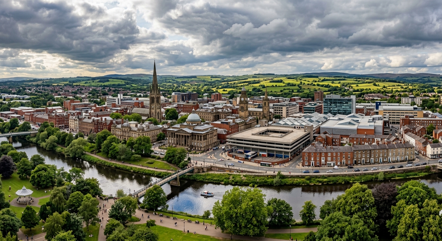 Preston city centre skyline showing historic buildings, the River Ribble, green parks, modern shopping areas, and the Lancashire countryside in the background under a dramatic English sky