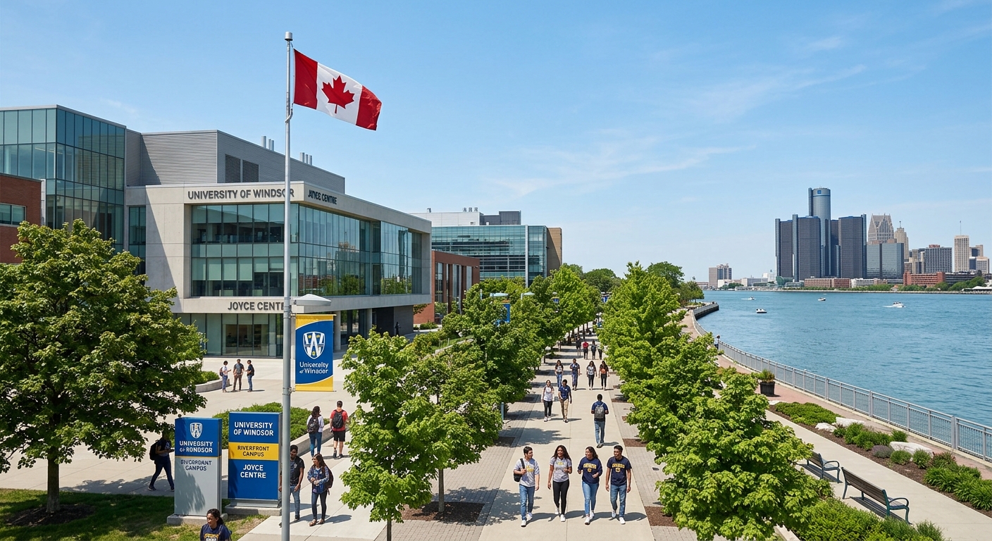 University of Windsor campus with modern academic buildings along the Detroit River waterfront, students walking on tree-lined pathways, clear sky, Canadian flag visible