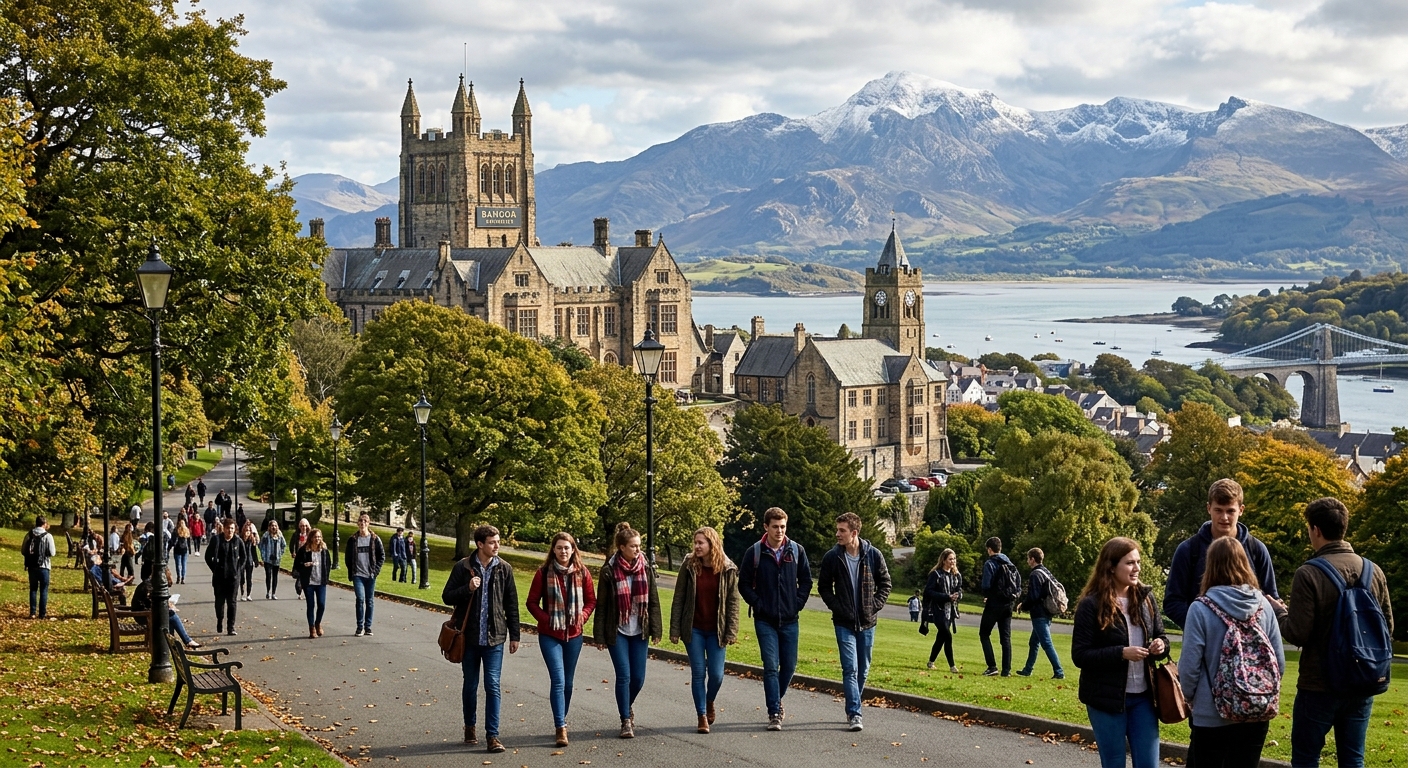 Historic Bangor University campus buildings set against the dramatic backdrop of Snowdonia mountains and the Menai Strait in North Wales, with students walking along tree-lined paths