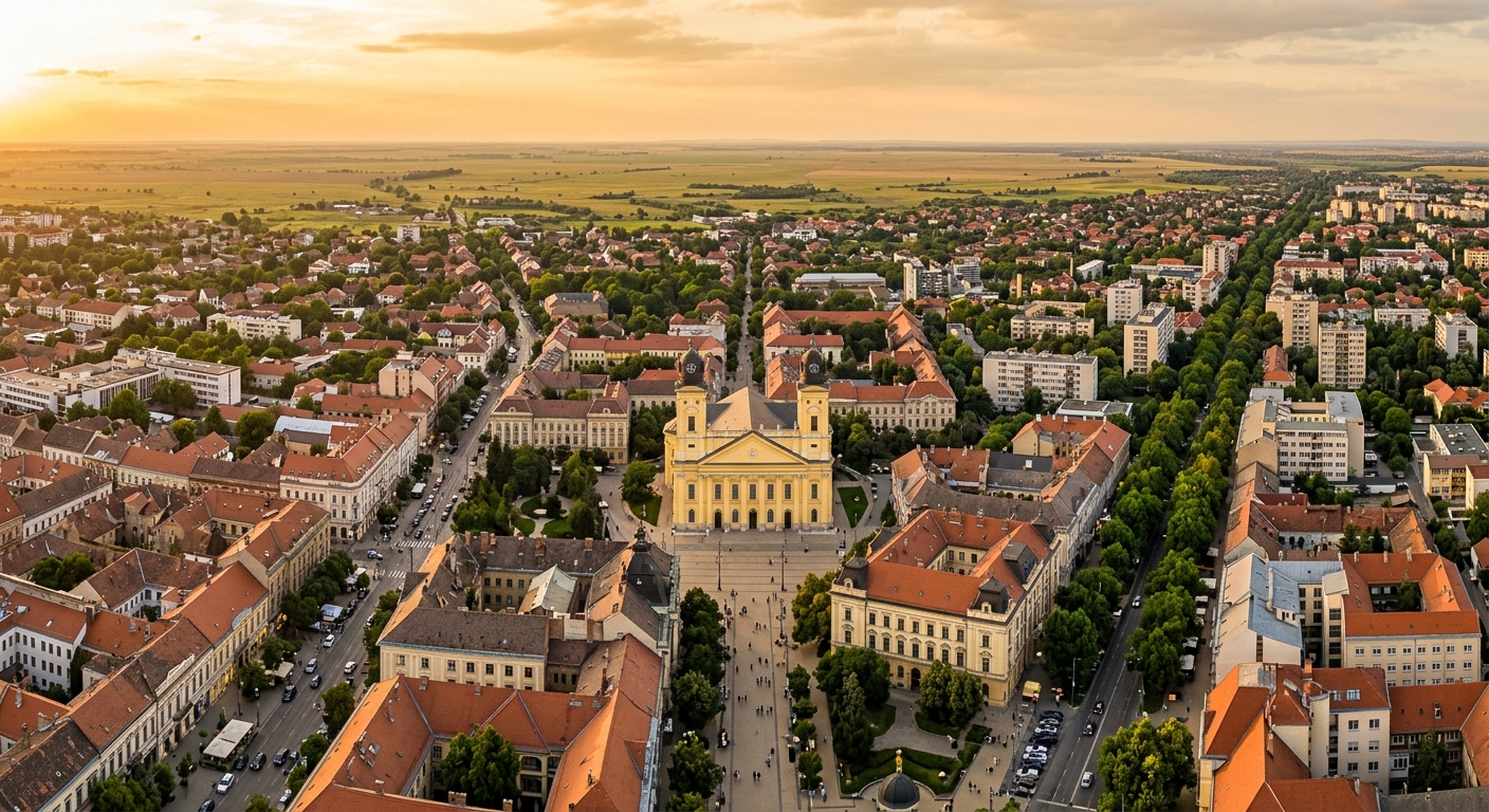 Debrecen city panorama, Reformed Great Church in center, tree-lined streets, mix of historic and modern buildings, Hortobágy steppe visible in background, warm golden hour light