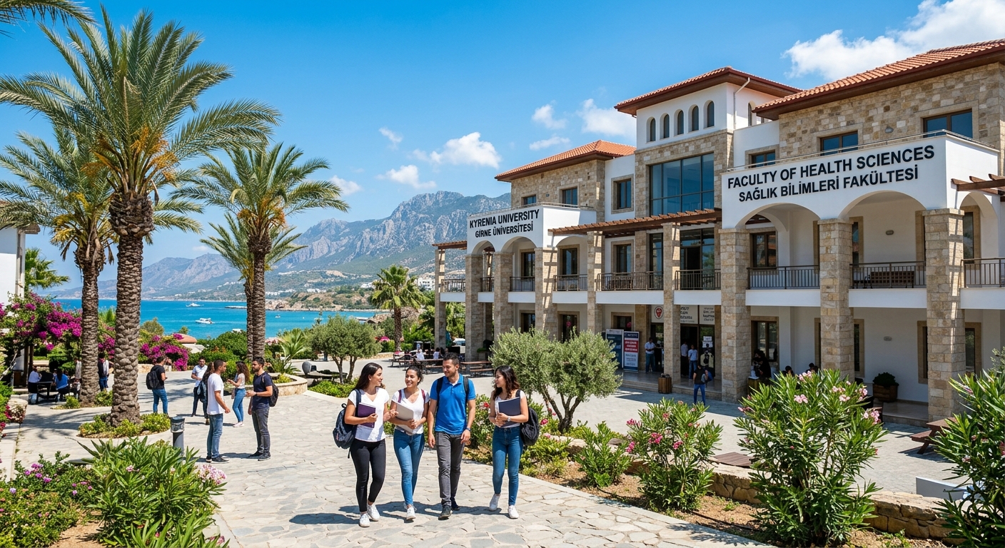 Modern university campus in Kyrenia, Northern Cyprus, with Mediterranean architecture, palm trees, and graduate students walking near a health sciences building under a clear blue sky