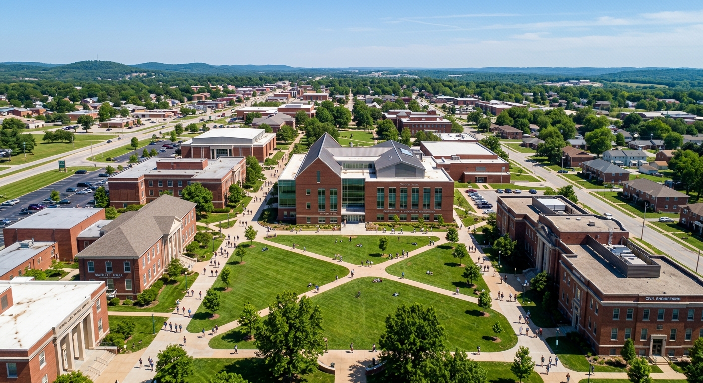 Aerial view of Missouri S&T campus in Rolla, Missouri with Toomey Hall engineering building, green quad, and students walking between red-brick academic buildings under clear blue sky