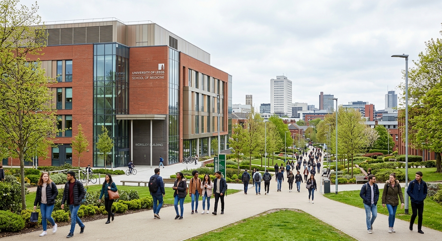 University of Leeds School of Medicine building exterior with modern architecture, green campus grounds, students walking along pathways, Leeds city skyline in background, bright overcast sky typical of northern England