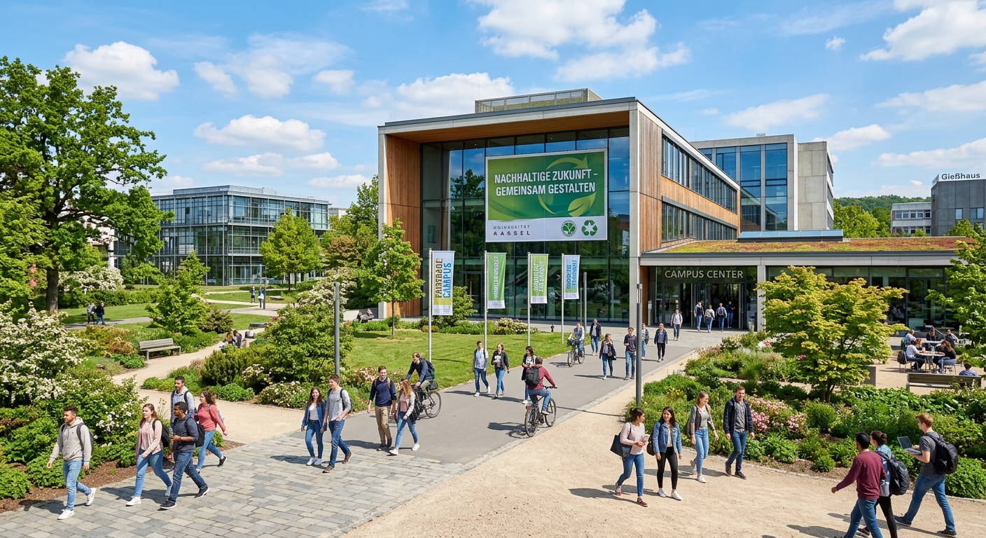 Modern university campus building at University of Kassel with green landscaping, students walking between lecture halls, sustainability-themed banners, bright daylight with blue sky over Holländischer Platz campus