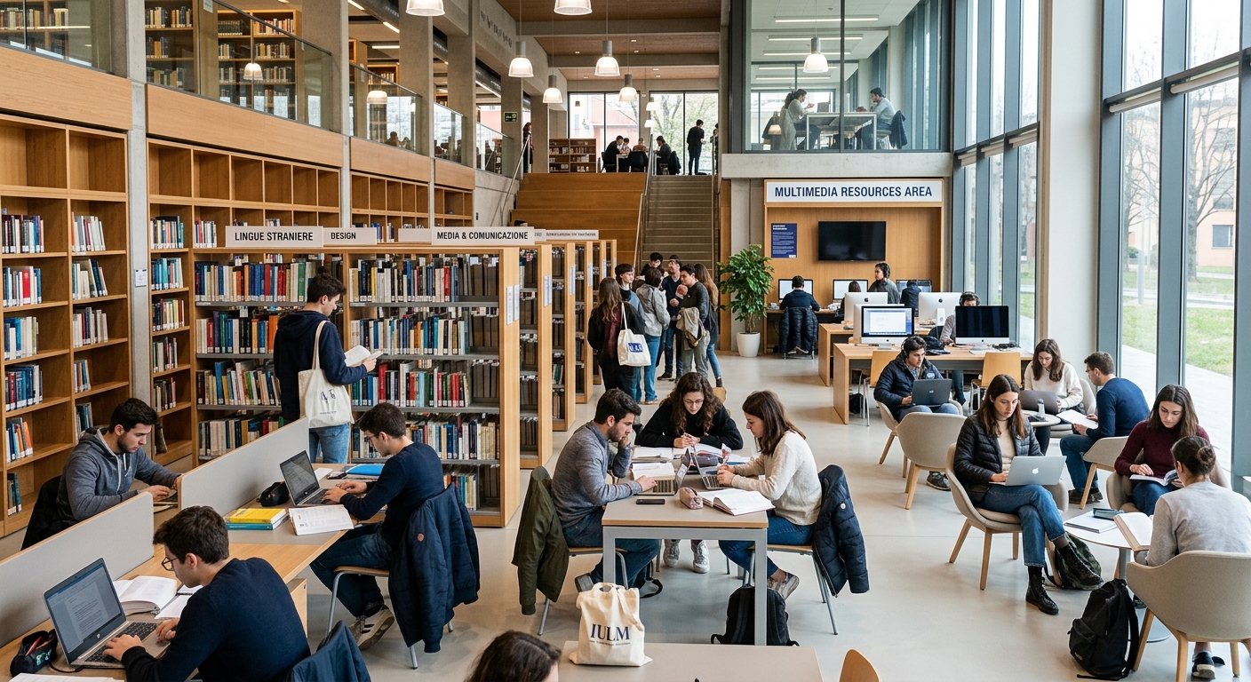IULM University library interior, students studying among bookshelves, modern reading spaces, natural light, multimedia resources area