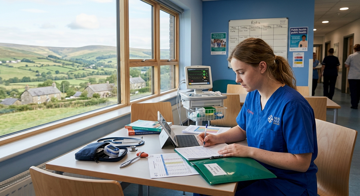Nursing student in clinical scrubs reviewing patient notes in a community health centre in the Welsh countryside, Powys hills visible through the window, modern healthcare learning environment with digital tablets and medical equipment