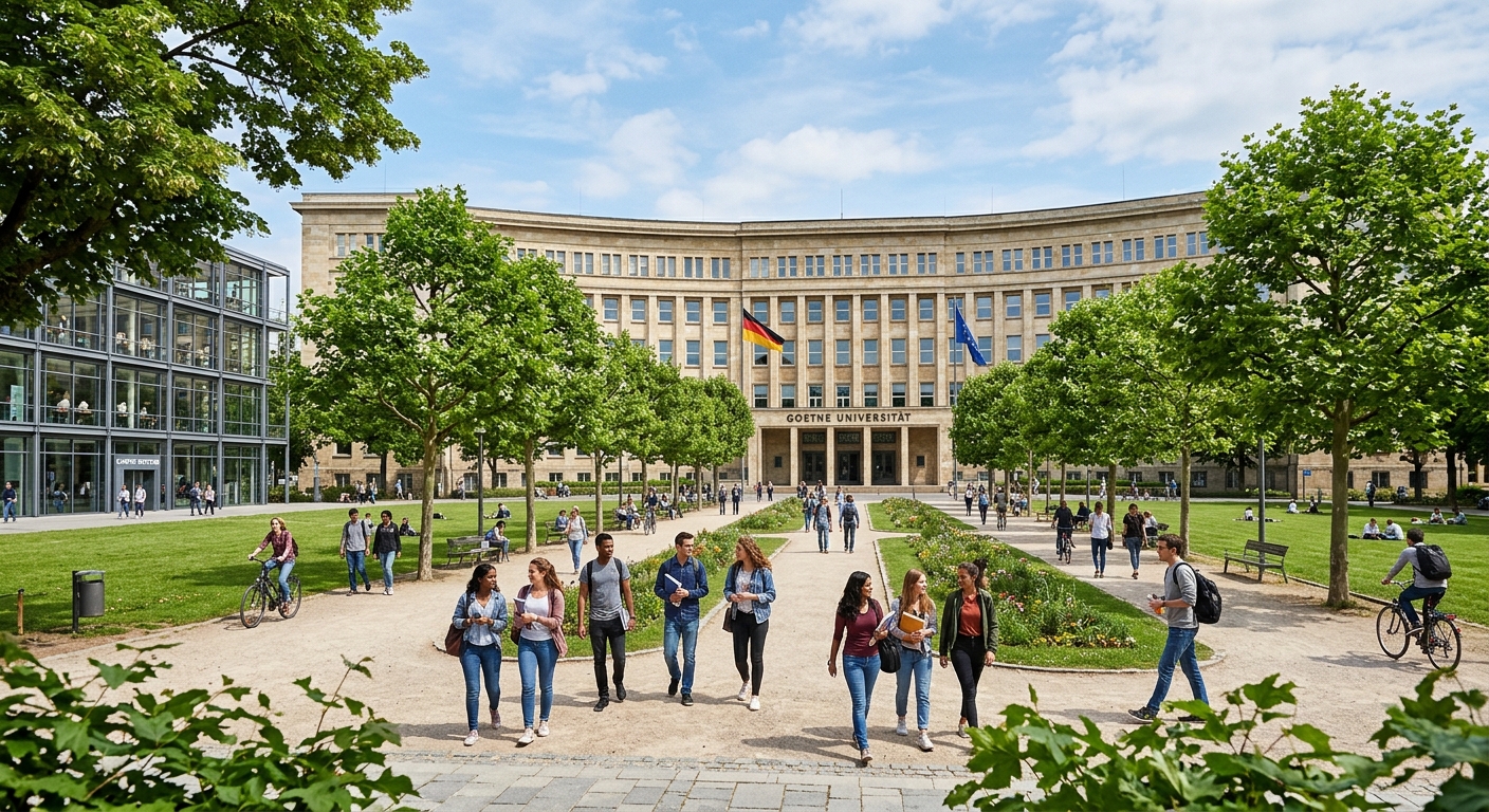 Historic Westend campus of Goethe University Frankfurt with the iconic IG Farben Building, green lawns, students walking along tree-lined paths, modern European university architecture under blue sky