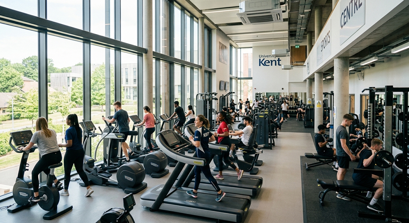 University of Kent Sports Centre interior, modern fitness suite with gym equipment, students exercising, bright natural lighting