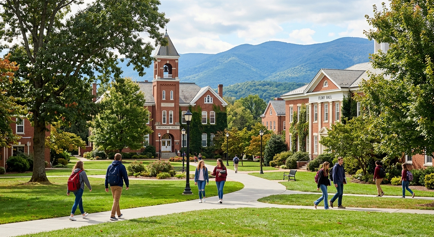 Bridgewater College campus in the Shenandoah Valley of Virginia, historic brick academic buildings surrounded by green lawns and mature trees, students walking along pathways with Blue Ridge Mountains visible in the background