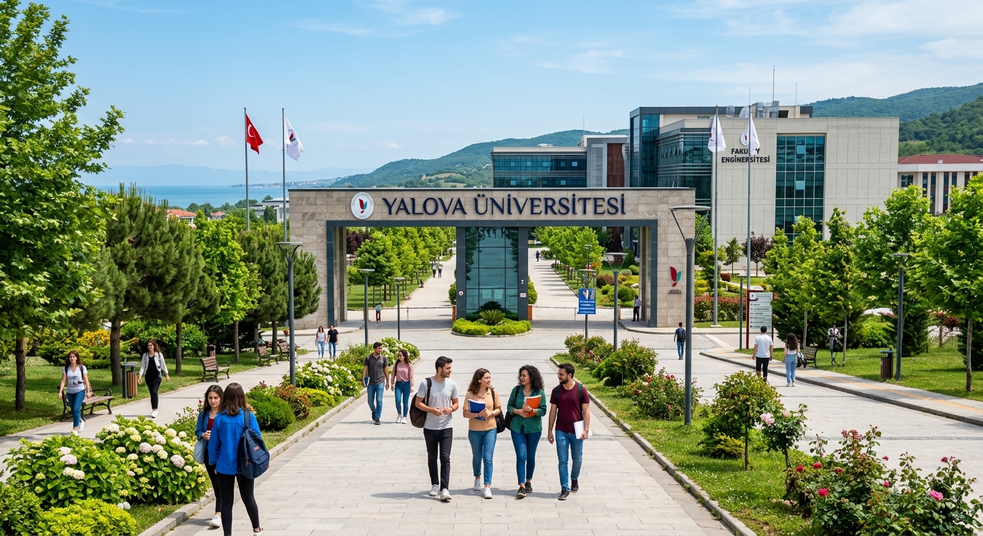 Yalova University main campus entrance with modern academic buildings, tree-lined walkways, students walking, green landscaping, clear sky