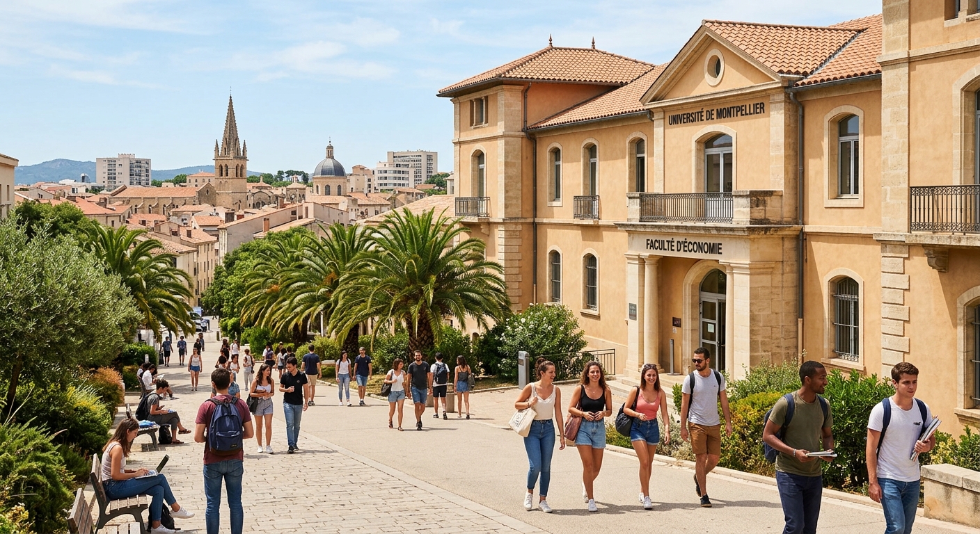Université de Montpellier Faculty of Economics building with Mediterranean architecture, palm trees lining the campus walkway, students walking in bright sunlight, Montpellier France cityscape in background