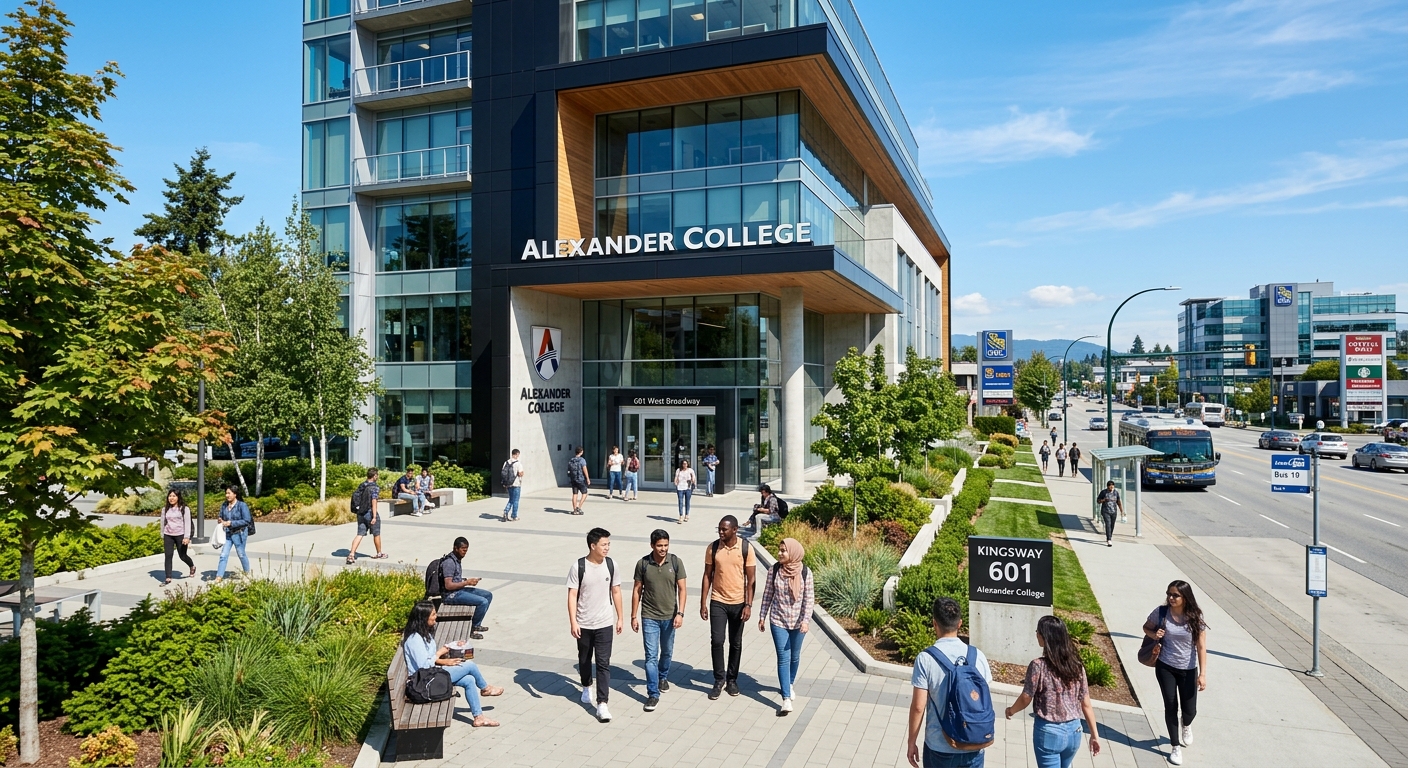 Modern Alexander College campus building in Burnaby, British Columbia, with diverse international students walking near the entrance, urban setting with Kingsway street visible, clear sky and green landscaping