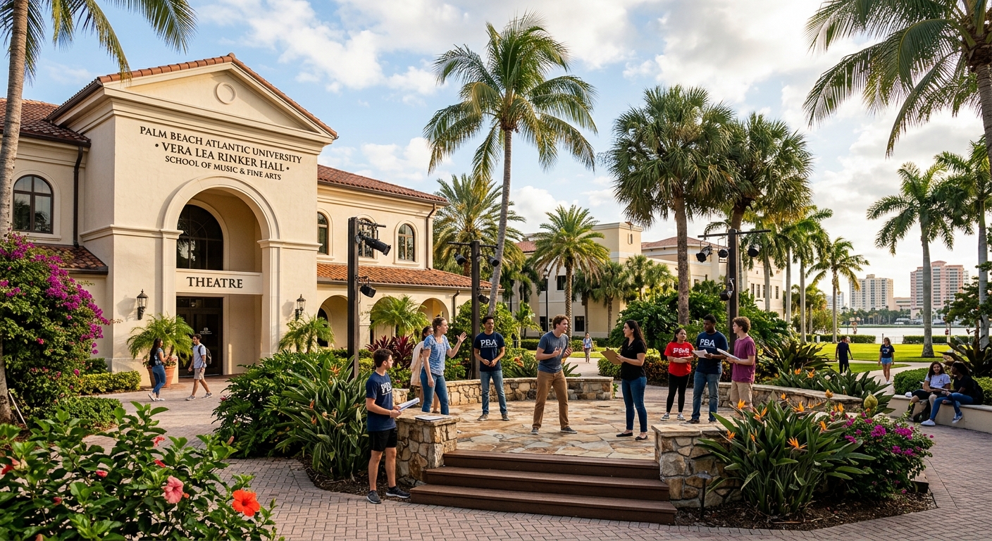 Palm Beach Atlantic University campus theatre building with palm trees, students rehearsing on an outdoor stage area in West Palm Beach Florida, warm sunlight and tropical landscaping