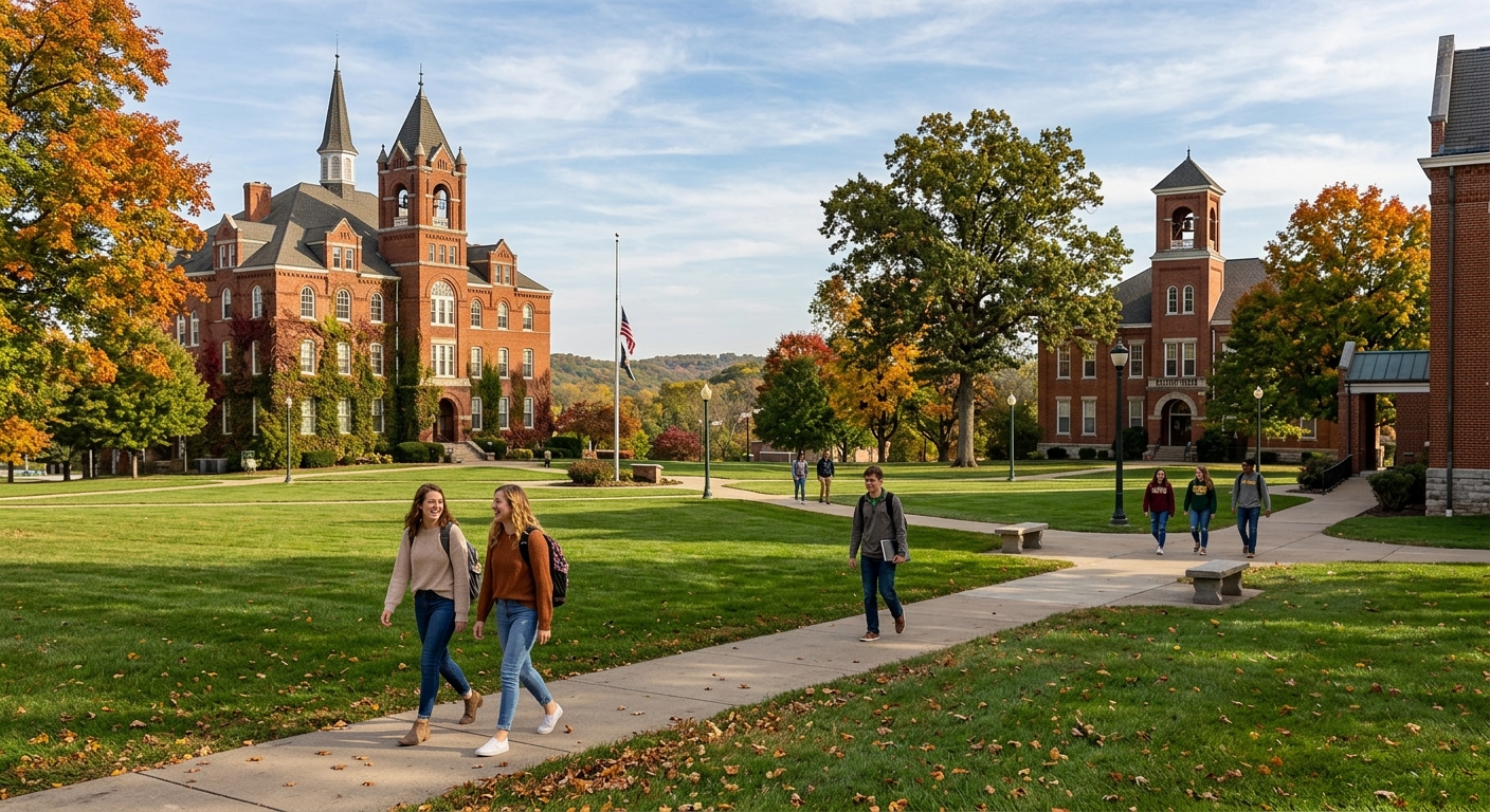 Central Methodist University campus in Fayette Missouri with historic brick buildings, green lawns, mature trees, and students walking along pathways in a peaceful rural college setting