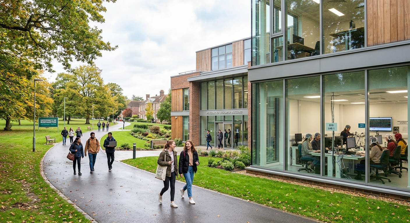 University of Roehampton green parkland campus in southwest London with modern psychology research building, EEG laboratory equipment visible through windows, students walking along tree-lined paths, bright overcast sky typical of London