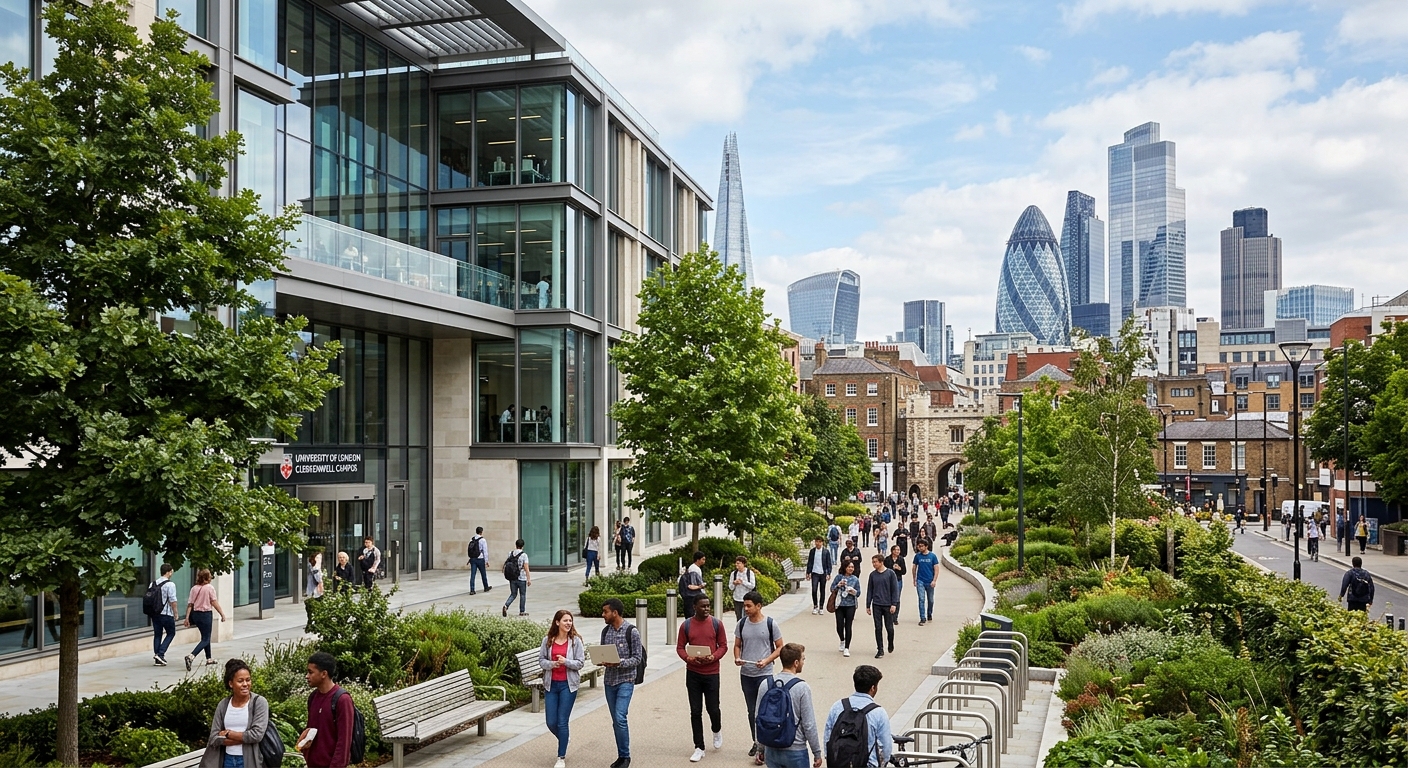 Modern university campus building in central London with glass facade, students walking along tree-lined pathways near the Clerkenwell area, City of London skyline visible in the background