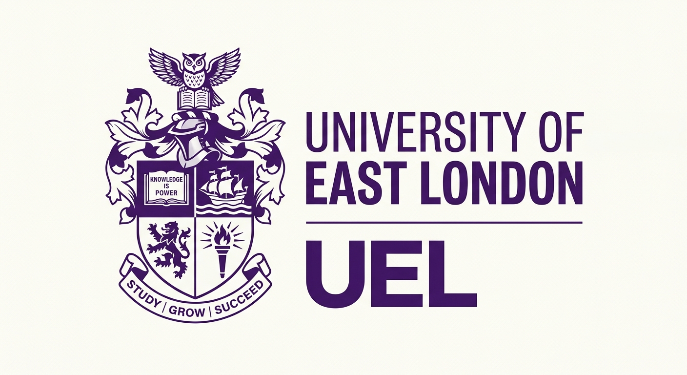 University of East London official logo, UEL crest with shield and text in purple and white