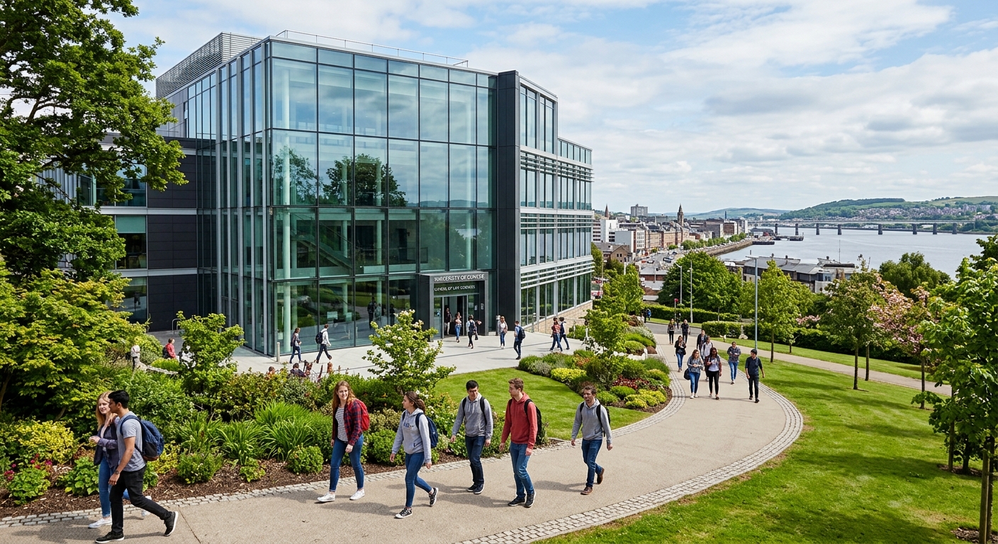 University of Dundee modern life sciences building with glass facade, students walking on campus pathway surrounded by green landscaping, Scottish cityscape in background with River Tay visible