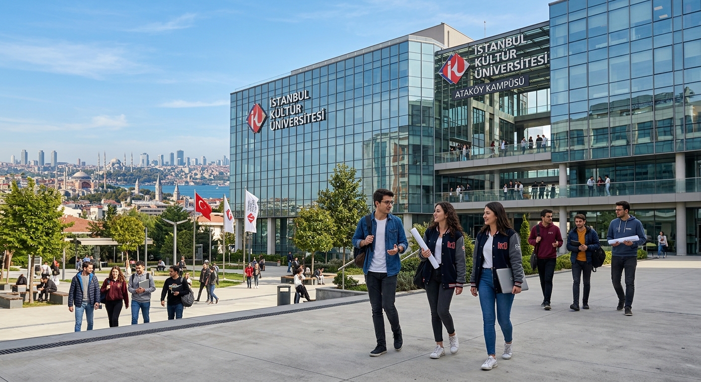 Modern Istanbul Kültür University Ataköy campus building with glass facade, engineering students walking in courtyard, city skyline of Istanbul in background, clear blue sky