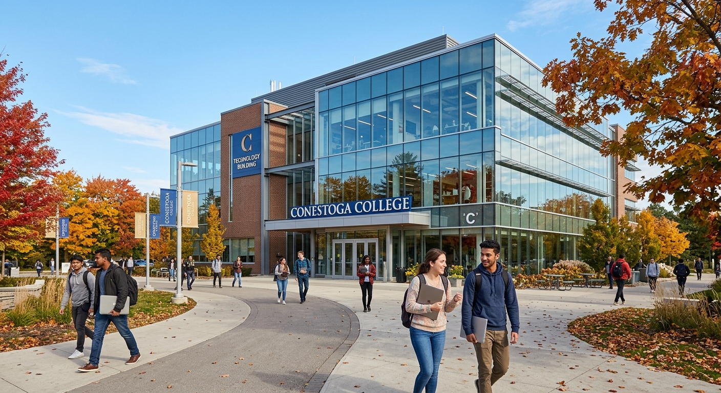 Modern college campus building in Kitchener Ontario Canada, students walking with laptops, glass-fronted technology building with Conestoga College signage, autumn trees, clear sky