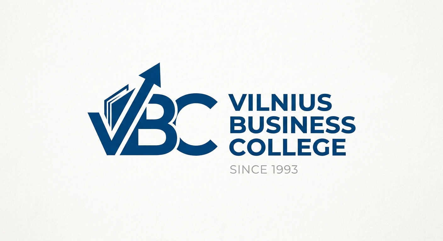Vilnius Business College official logo, VBC abbreviated mark, modern minimalist design with blue and white color scheme