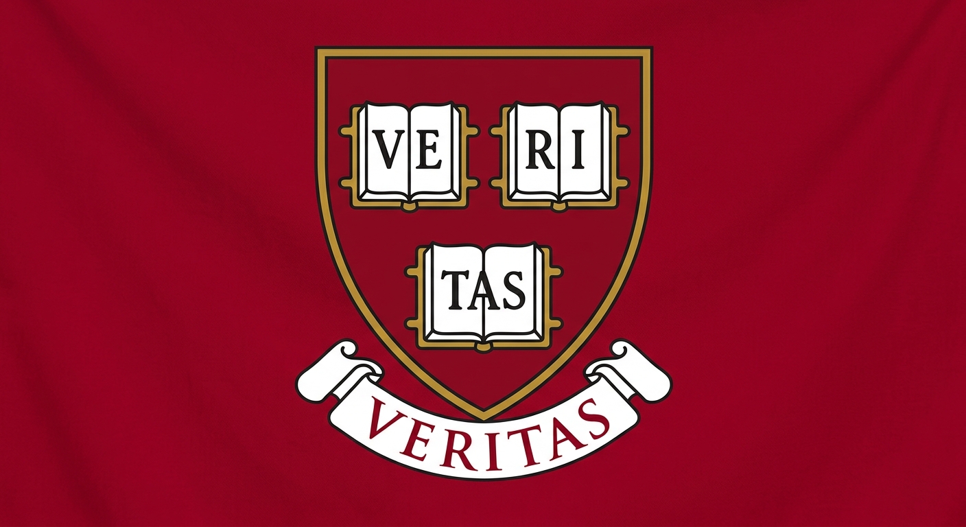 Harvard University official shield logo, crimson red background with three open books displaying VE RI TAS, Latin text on white banner