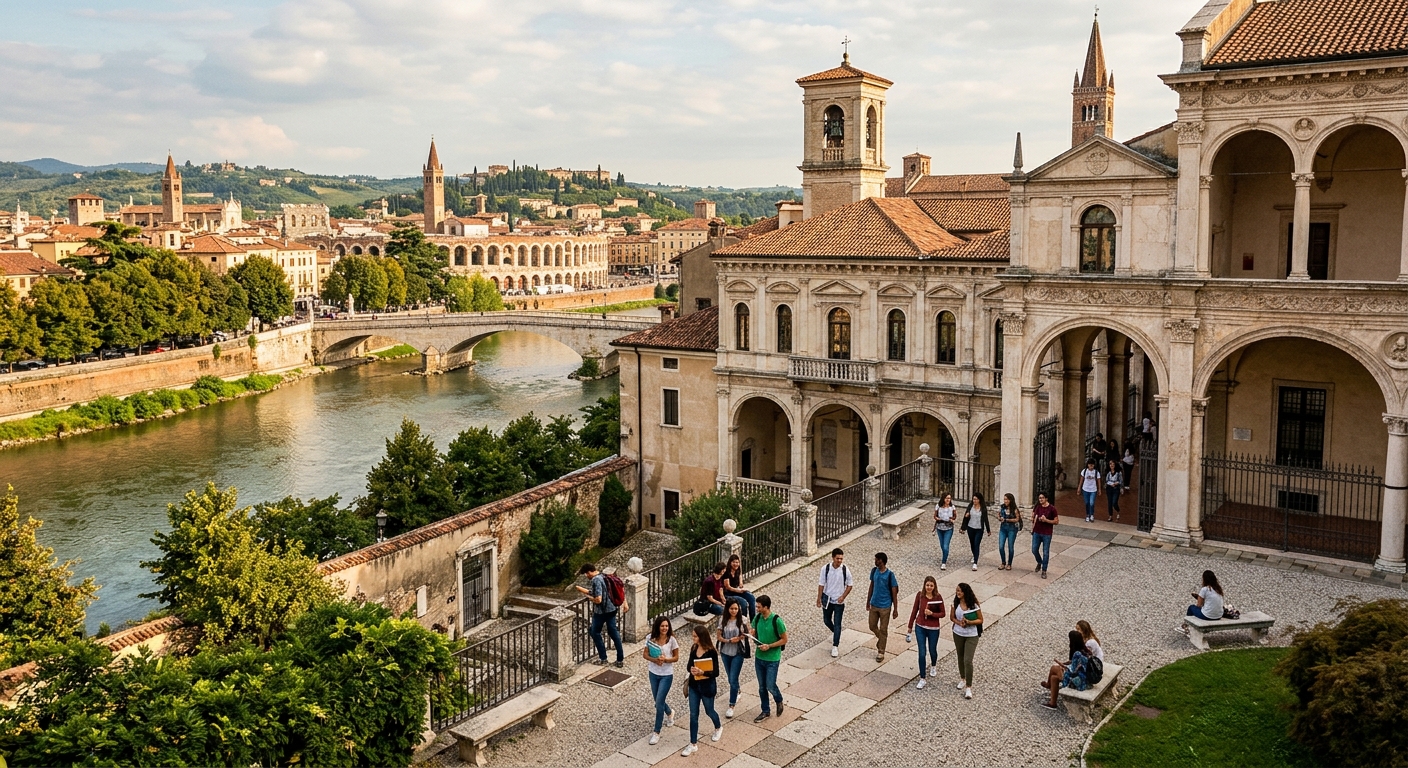 Historic University of Verona campus building along the Adige River, with Renaissance architecture, students walking through courtyard, warm Italian sunlight, Verona cityscape in background with ancient amphitheater visible