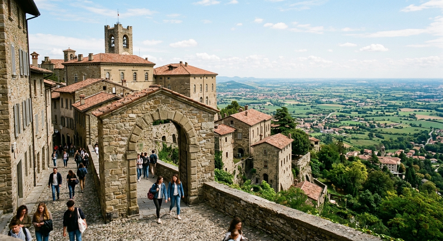 Historic medieval buildings of the University of Bergamo Città Alta campus with panoramic views of Lombardy, students walking through stone archways, Italian academic architecture with green hillside backdrop