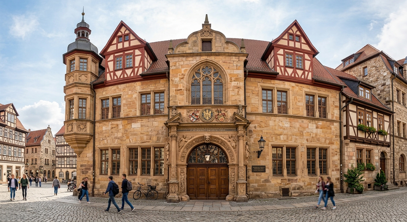 University of Erfurt Collegium Maius historic main building, Renaissance architecture in Erfurt old town, warm stone facade with arched entrance