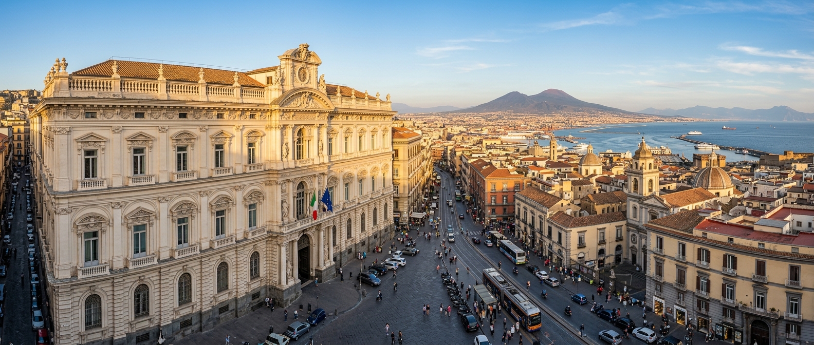 Panoramic view of the University of Naples Federico II main building on Corso Umberto I, neo-Baroque facade with arched windows, historic center of Naples with Vesuvius in the distant background, warm Mediterranean sunlight